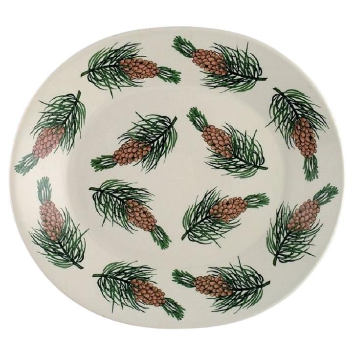 Oval Arabia Dish In Glazed Stoneware With Hand Painted Fir Cones, Finnish Design