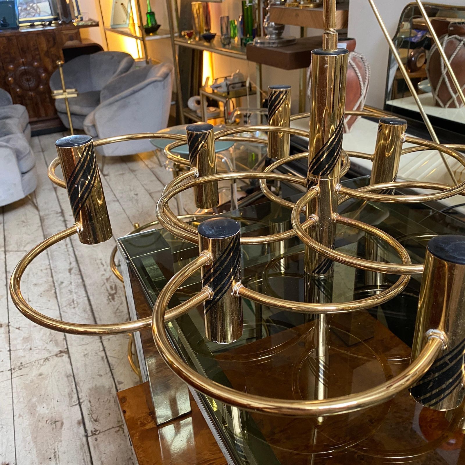 1970s Mid Century Modern Brass Italian Chandelier Or Ceiling Light By Sciolari photo for sale