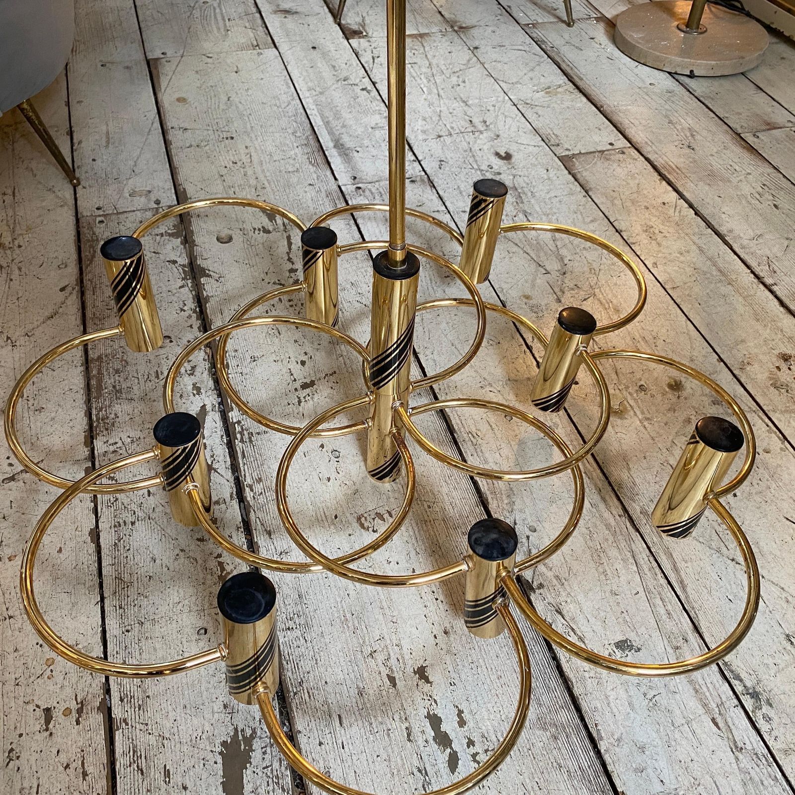 photo for sale 1970s Mid Century Modern Brass Italian Chandelier Or Ceiling Light By Sciolari