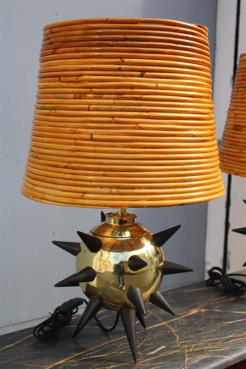 Extraordinary Pair Of Table Lamps With Central Mina Dome In Bamboo 1950s Sputnik photo vintage