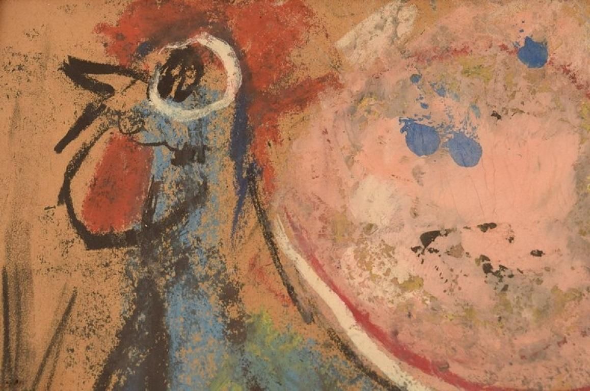Mette Doller, Danish Artist, Mixed Media On Paper, Rooster, Dated 1959 photo for sale