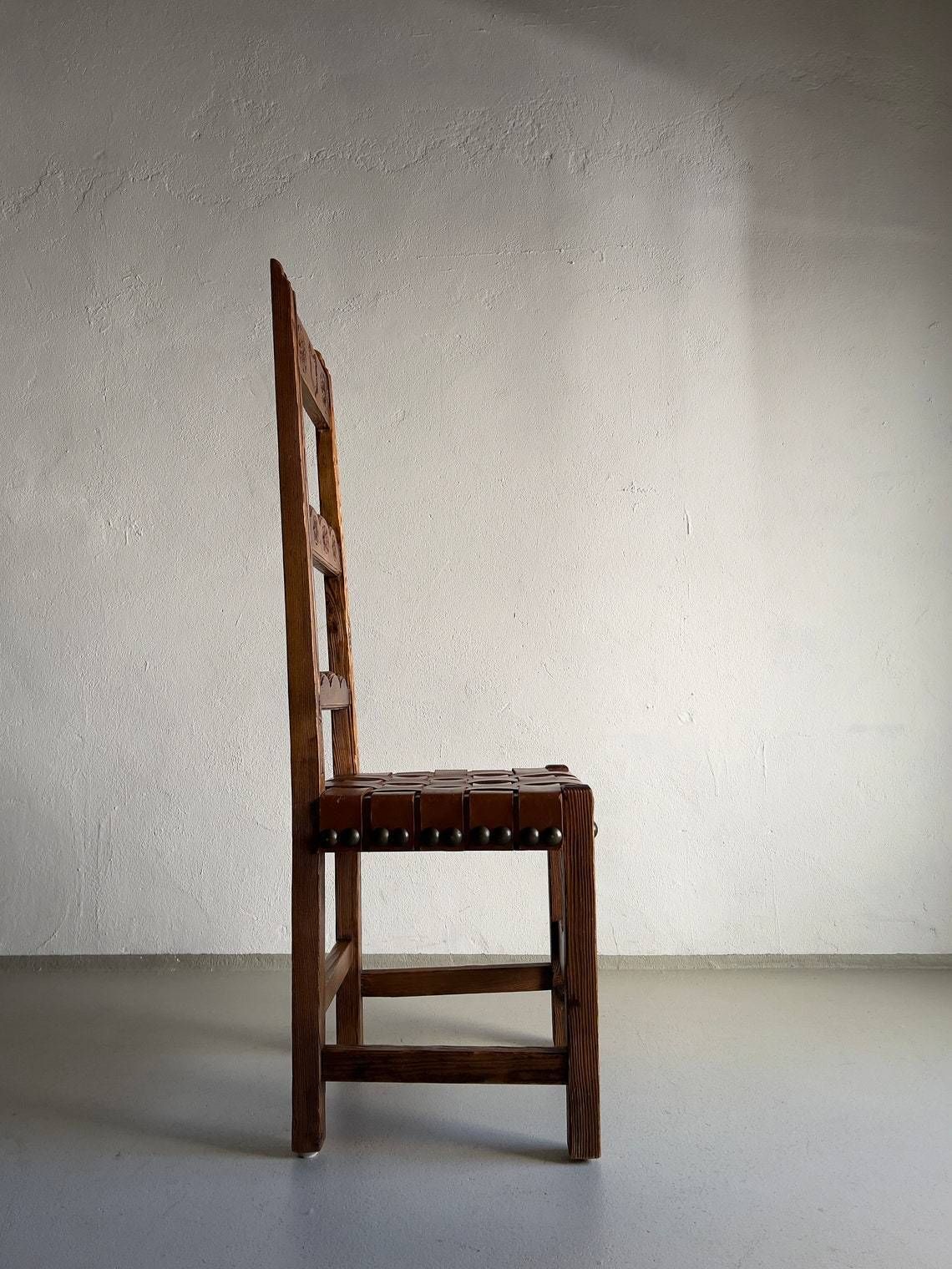 2 Brutalist Leather Seat Chairs / Carved Oak / Vintage photo buy