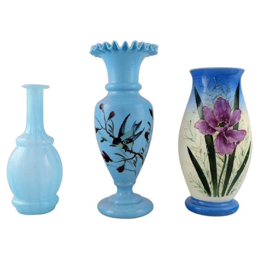 Three Antique Vases In Hand Painted Mouth Blown Opal Art Glass In Shades Of Blue