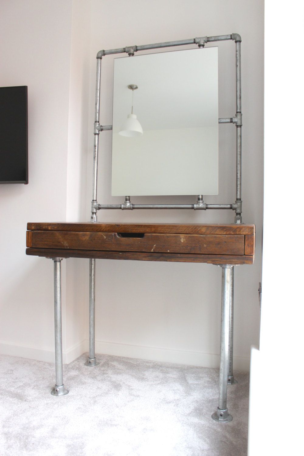 Meila Reclaimed Medium Oak Stained Scaffolding Board Industrial Style Dressing Table With Galvanised Threaded Steel Pipe Framed Mirror photo furniture