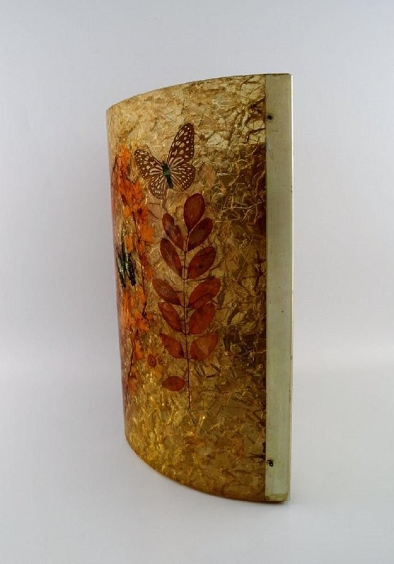 Large Wall Lamp In Curved Art Glass With Hand Painted Butterflies And Foliage photo vinterior