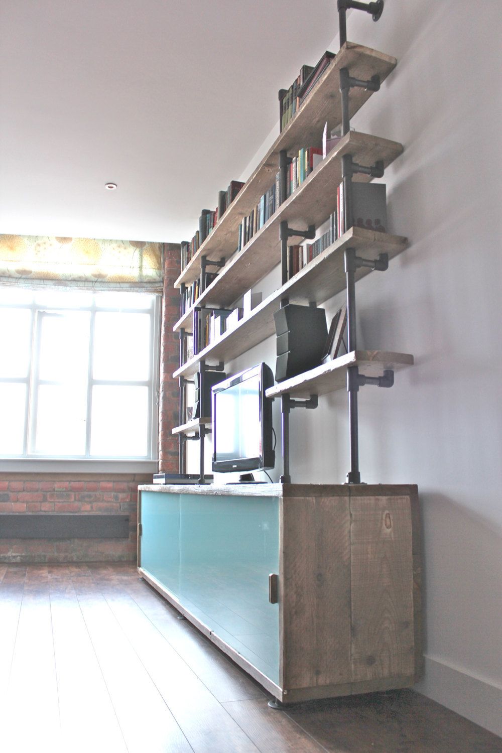 Simeon Reclaimed Scaffolding Board Storage Unit With Painted Glass Sliding Doors And Dark Steel Supported Shelving photo 3540.0