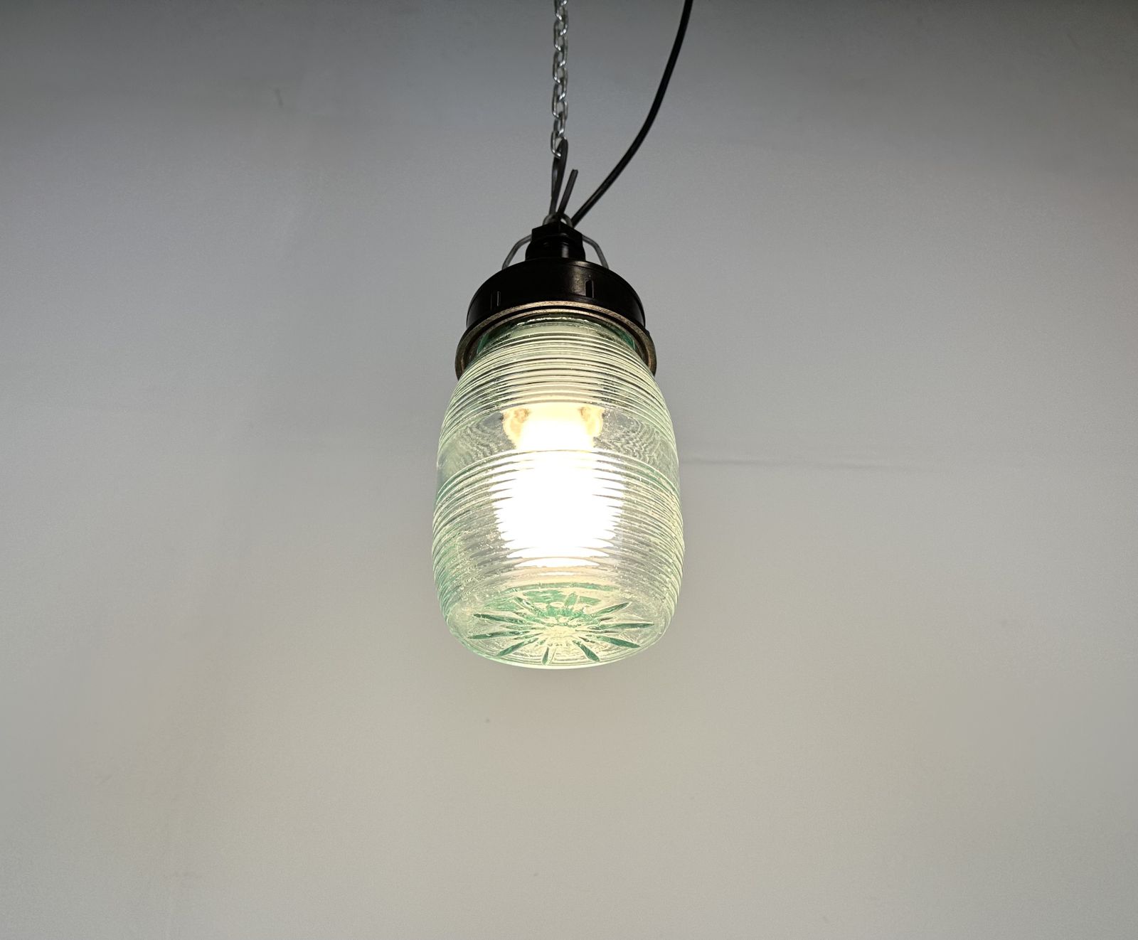 photo furniture Industrial Bakelite Pendant Light With Ribbed Glass, 1970s
