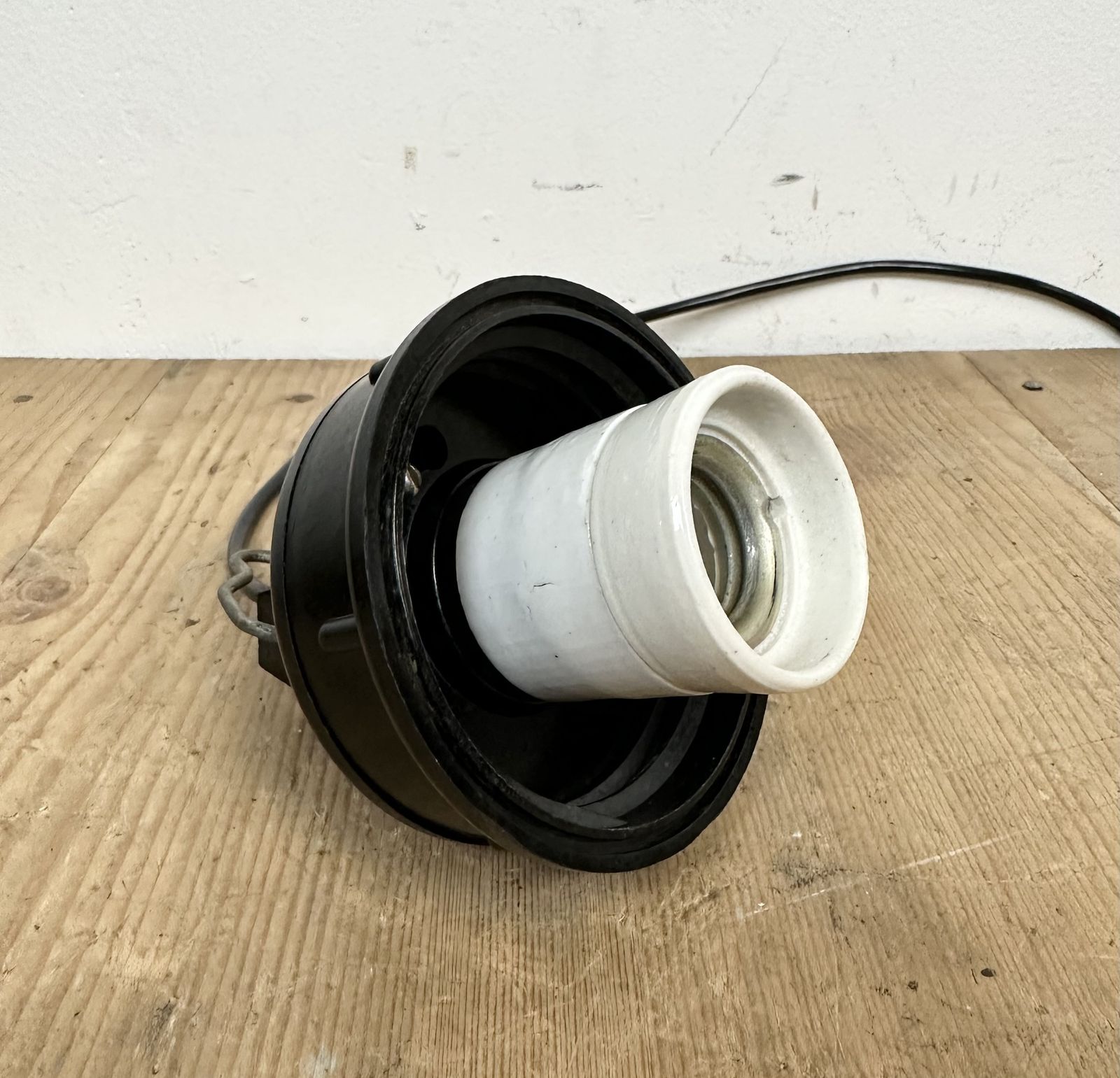 Lighting Industrial Bakelite Pendant Light With Ribbed Glass, 1970s photo