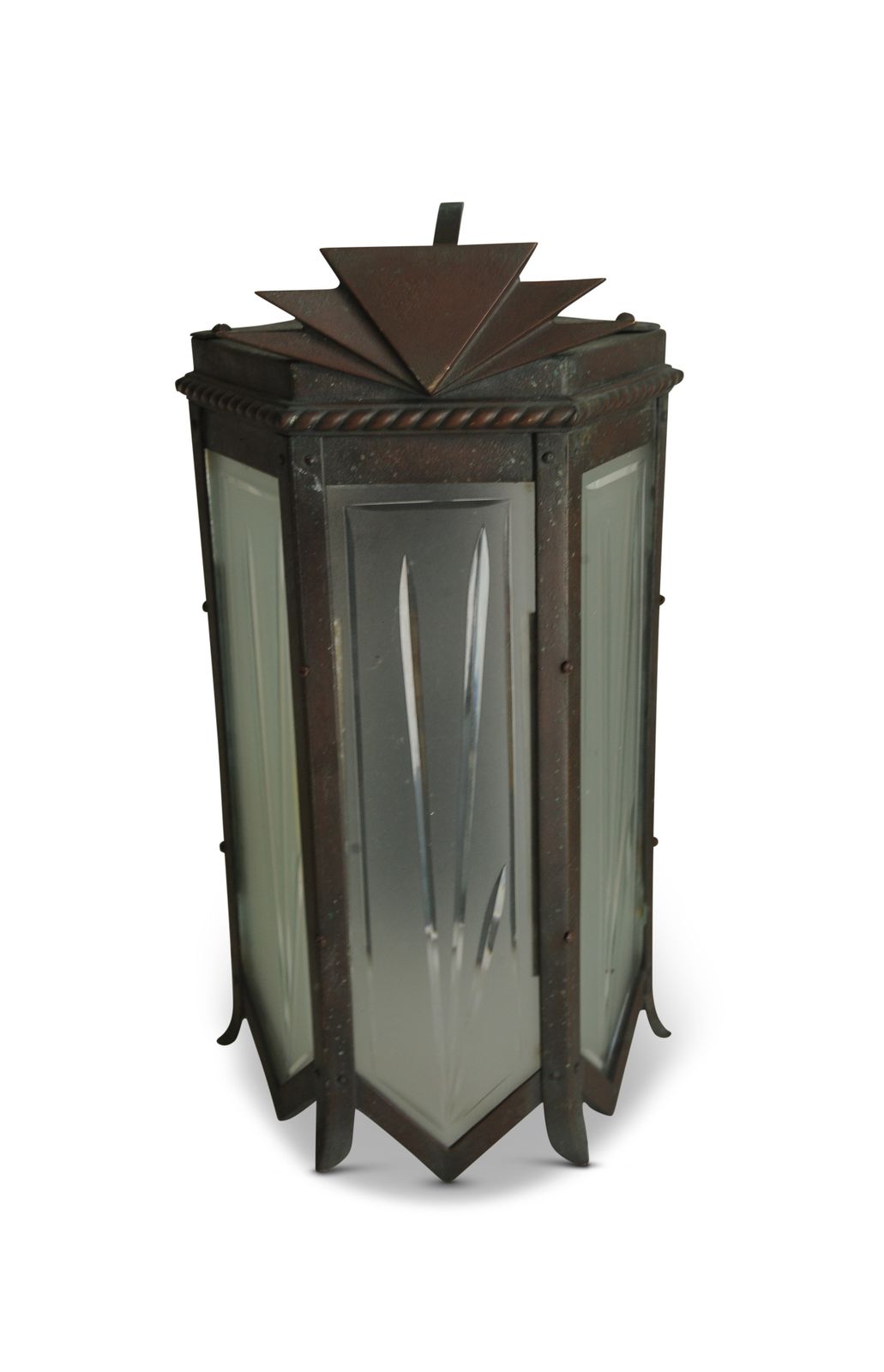 Art Deco Wall Sconce With Graduated Geometric Detailing & Frosted Panes Of Etched Glass 1920s Ol