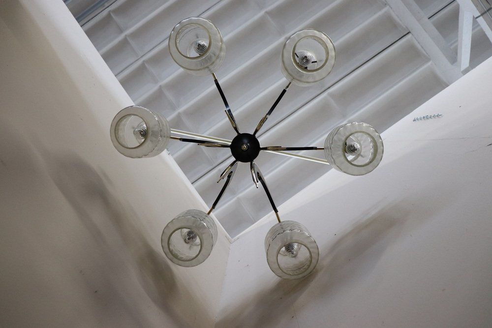 photo for sale Mid Century Italian Glass Bowls Wood Brass And Black Lacquered Metal Chandelier 1950s