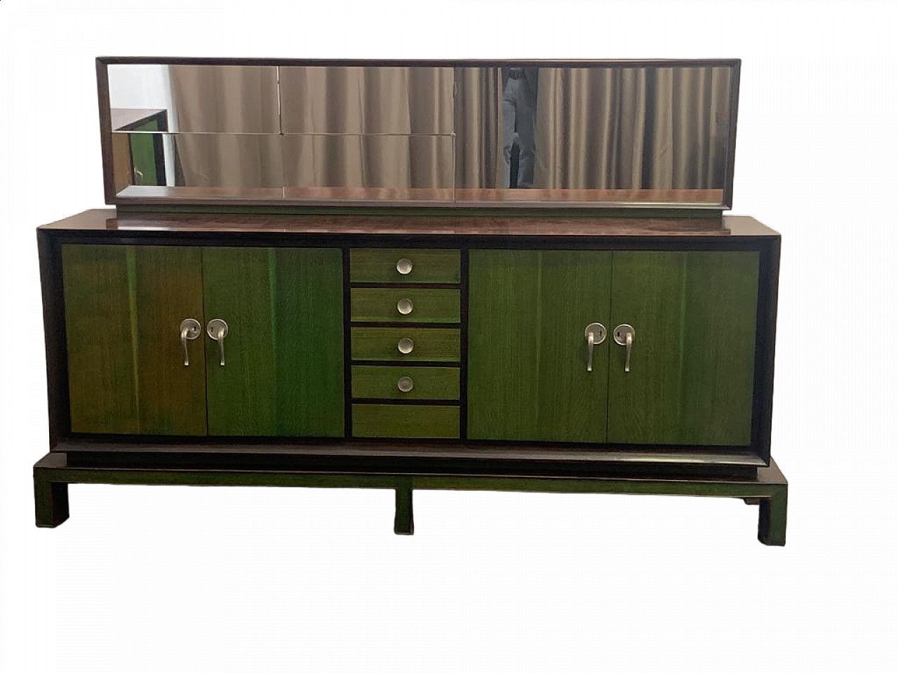 Credenza With Mirror In Rosewood & Maple With Green Aniline Futurist Handles, 1930s, Set Of 2