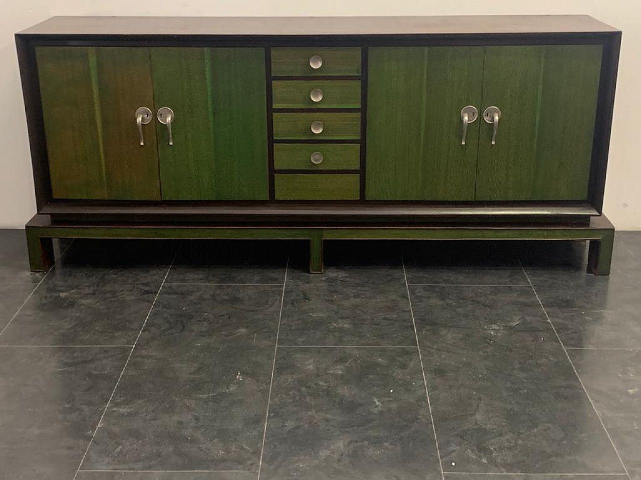 Credenza With Mirror In Rosewood & Maple With Green Aniline Futurist Handles, 1930s, Set Of 2 photo Furniture