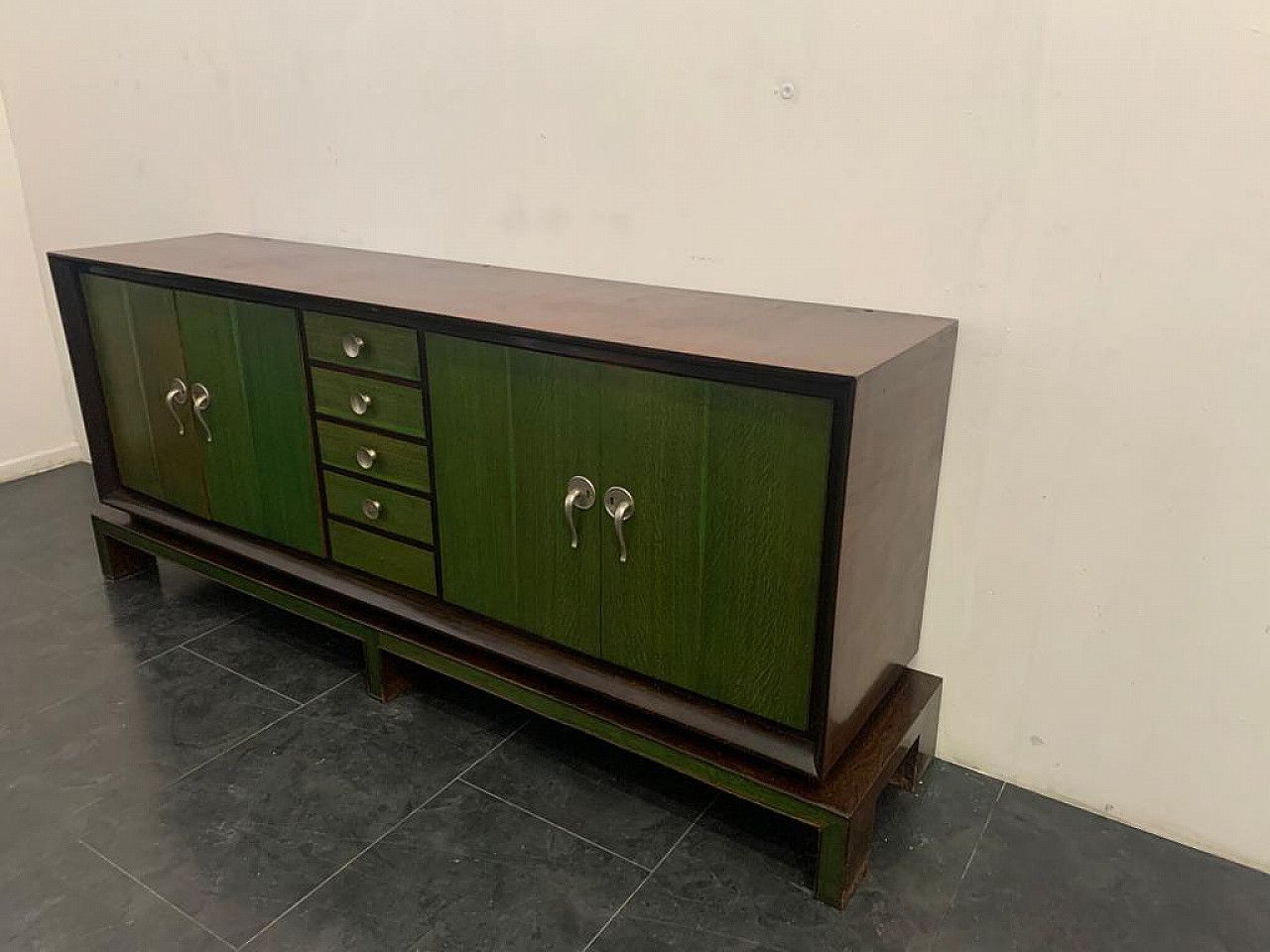 Credenza With Mirror In Rosewood & Maple With Green Aniline Futurist Handles, 1930s, Set Of 2 photo vinterior