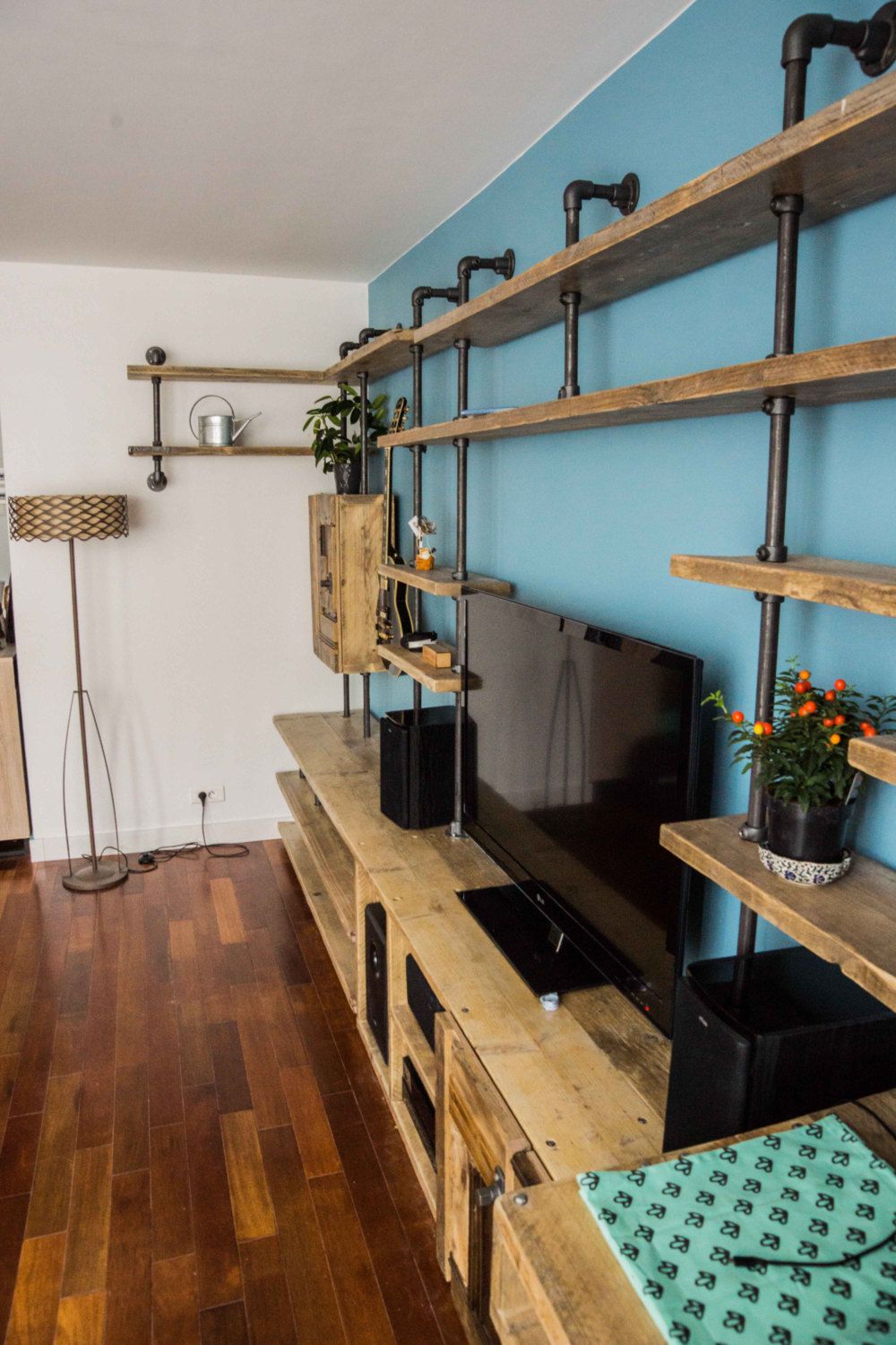 Aurelie Industrial Reclaimed Scaffolding Board And Dark Steel Pipe Multi Media And Shelving Unit   Bespoke Systems photo Furniture