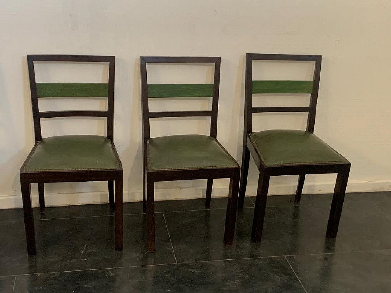 4 Art Deco Style Chairs In Green Stained Wood, 1940s photo Furniture