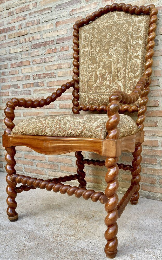 Antique Louis XIV Style Hand Carved Armchair In Walnut And Cherry, 1890s photo for sale