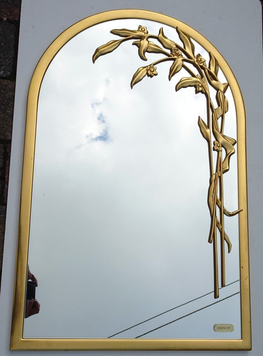 photo for sale Round Gilt Wall Mirror Wiht Floral Design From Deknudt Belgium 1970s