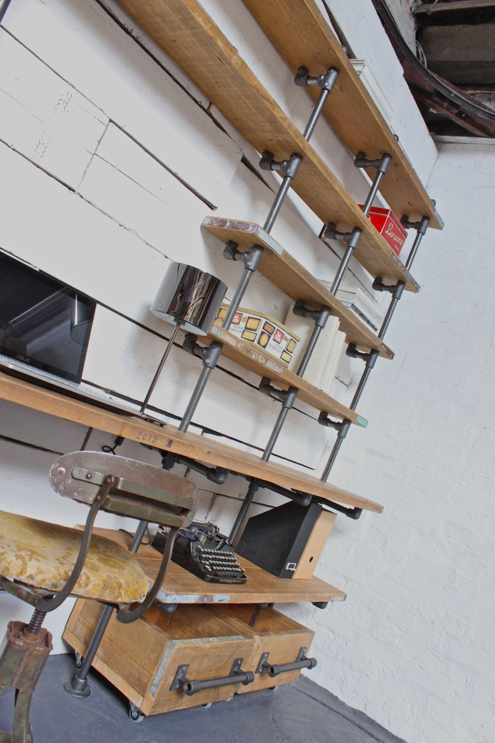 Caroline Reclaimed Scaffolding Boards And Dark Steel Pipe Industrial Desk And Shelves With Storage Boxes On Wheels   Bespoke Urban Furniture photo furniture