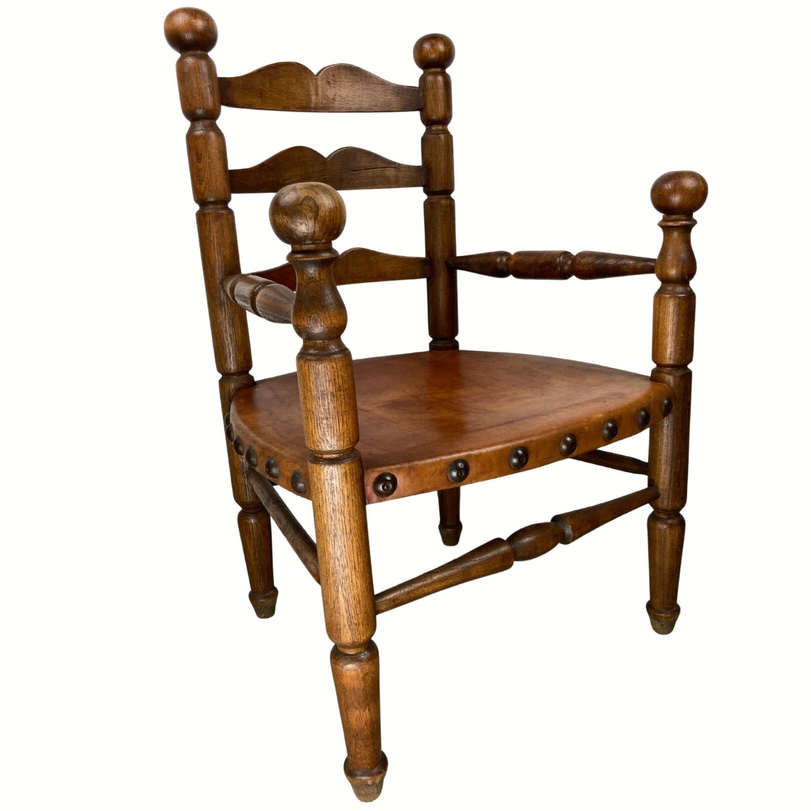 Rustic French Farm Chair, Leather Seat In The Manner Of Charles Dudouyt photo furniture