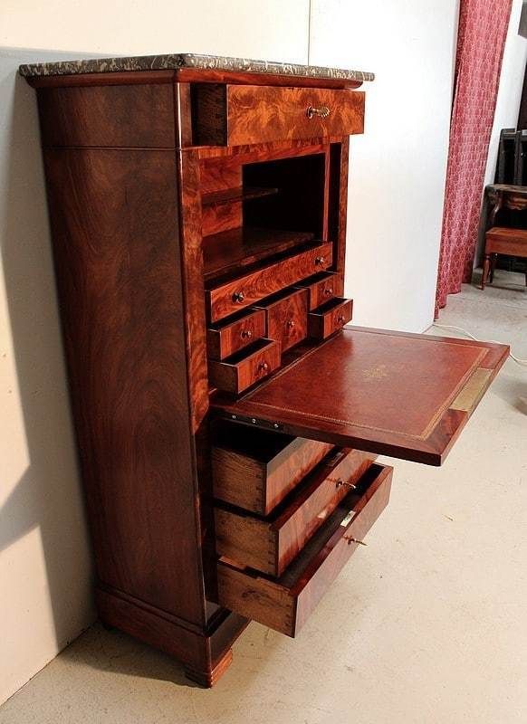 photo furniture Narrow Secretary In Burl Mahogany Veneer, Restoration   1st Part Of The 19th Century