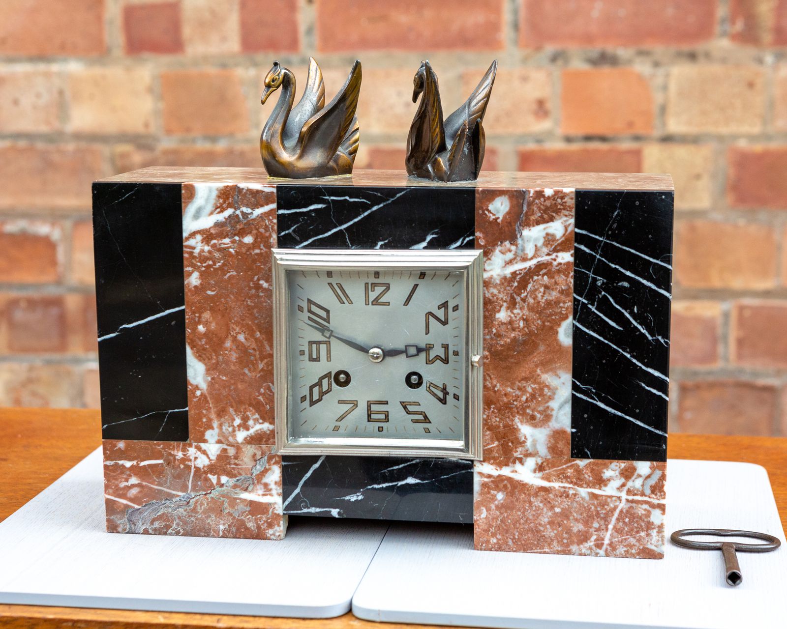 Art Deco Marble Mantel Clock French 1930s Bronze Swans Mantle France Chiming photo for sale