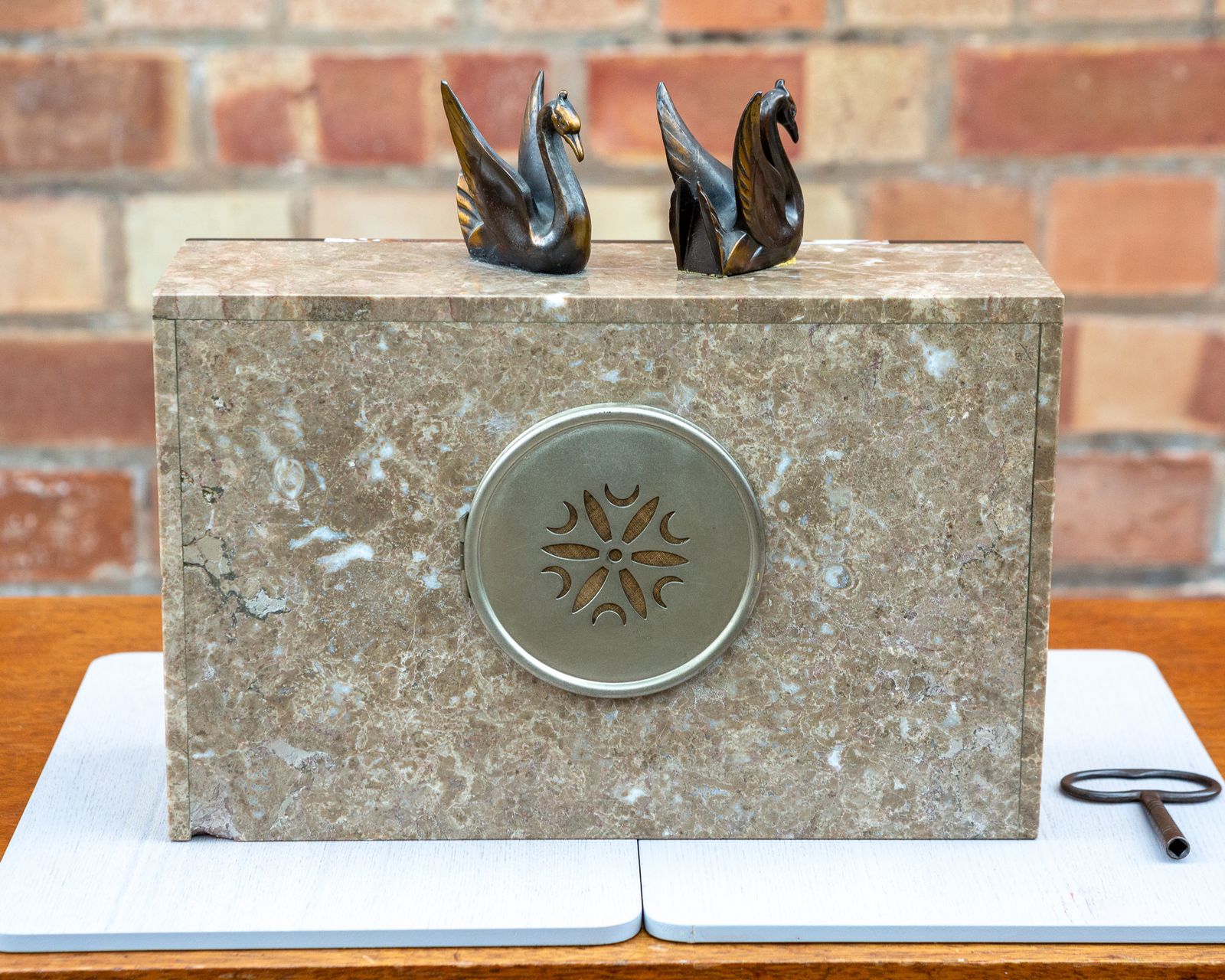 Art Deco Marble Mantel Clock French 1930s Bronze Swans Mantle France Chiming photo vintage
