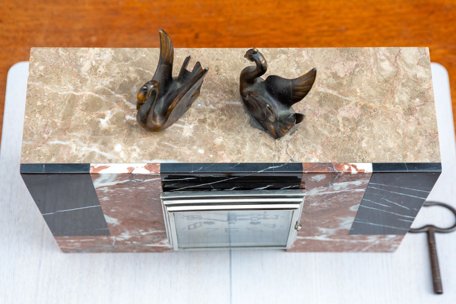 Art Deco Marble Mantel Clock French 1930s Bronze Swans Mantle France Chiming photo 750.0