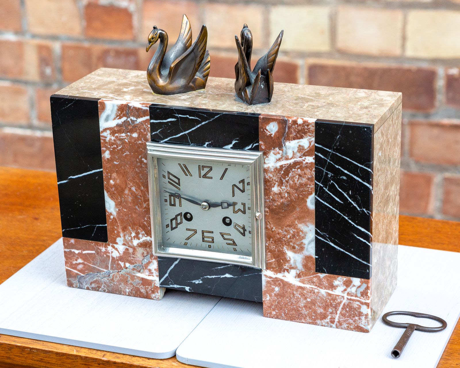 Art Deco Marble Mantel Clock French 1930s Bronze Swans Mantle France Chiming photo buy
