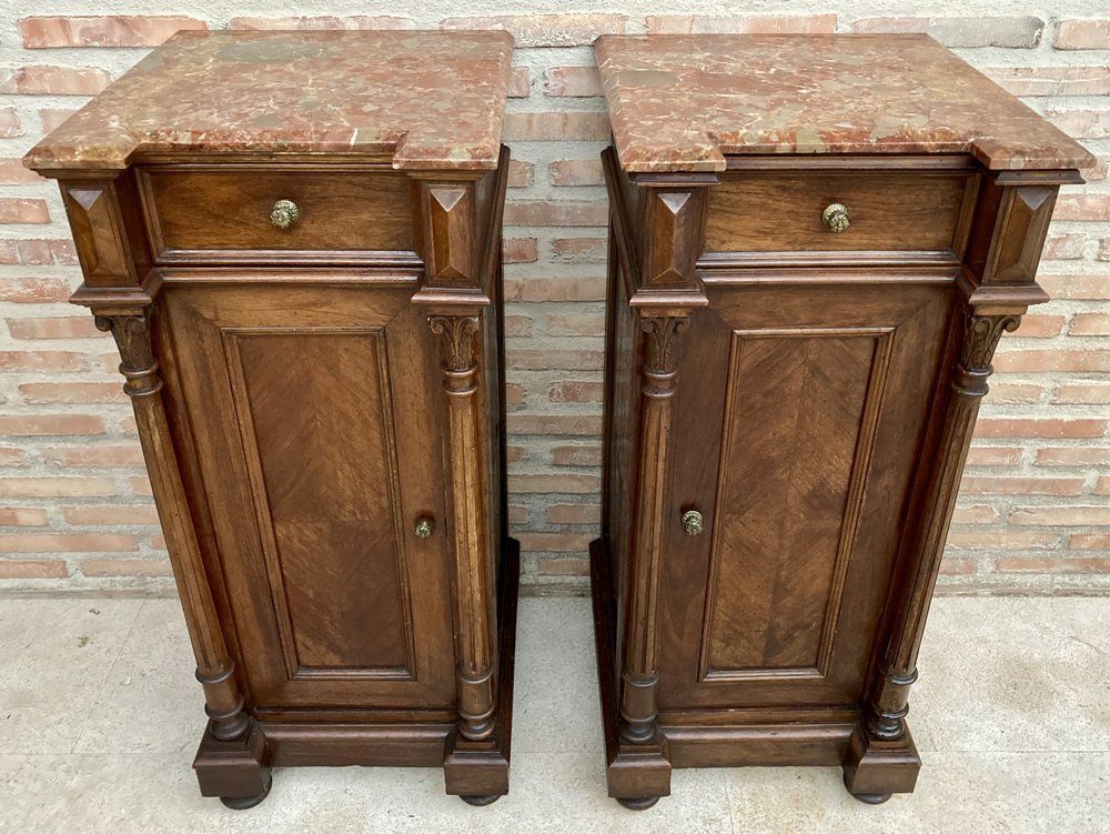 Antique Louis XVI Nightstands With Red Marble Top 1890s Set Of 2 photo Furniture