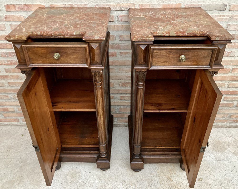 photo vintage Antique Louis XVI Nightstands With Red Marble Top 1890s Set Of 2