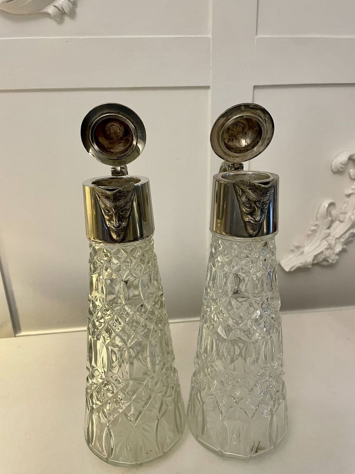 Pair Of Antique Early 20th Century Quality Silver Plated And Cut Glass Claret Jugs photo buy