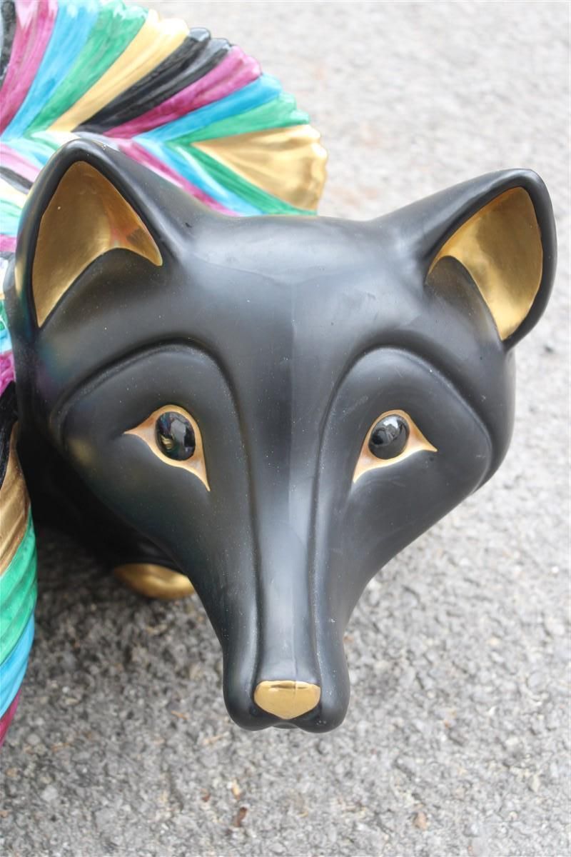Large Fox Sculpture In Decorative Florentine Ceramics Black Pure Gold Italy 1980 photo for sale