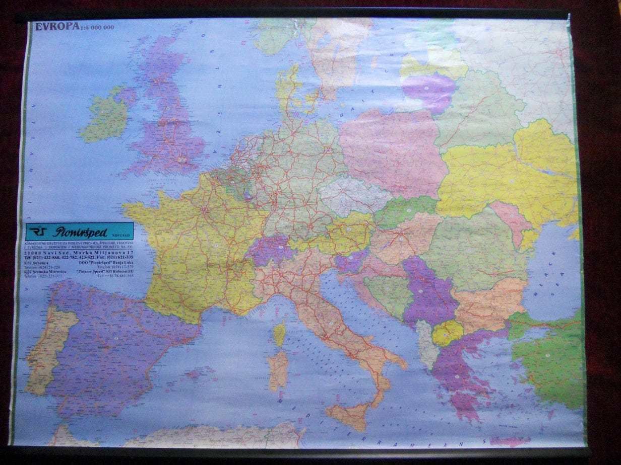 1998 Europe Large Road Wall Map EU Serbian Travel Tourism