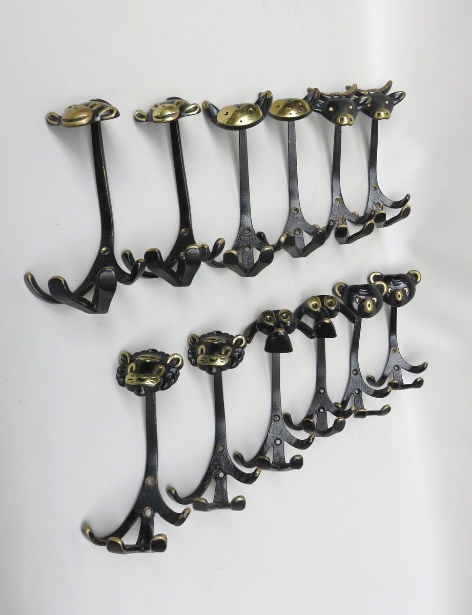 Black Brass Animal Cloakroom Hook By Walter Bosse, 1950s, Set Of 12