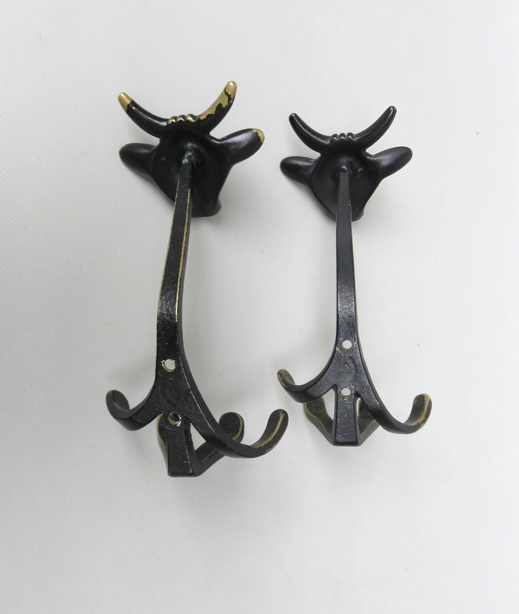 Black Brass Animal Cloakroom Hook By Walter Bosse, 1950s, Set Of 12 photo vintage