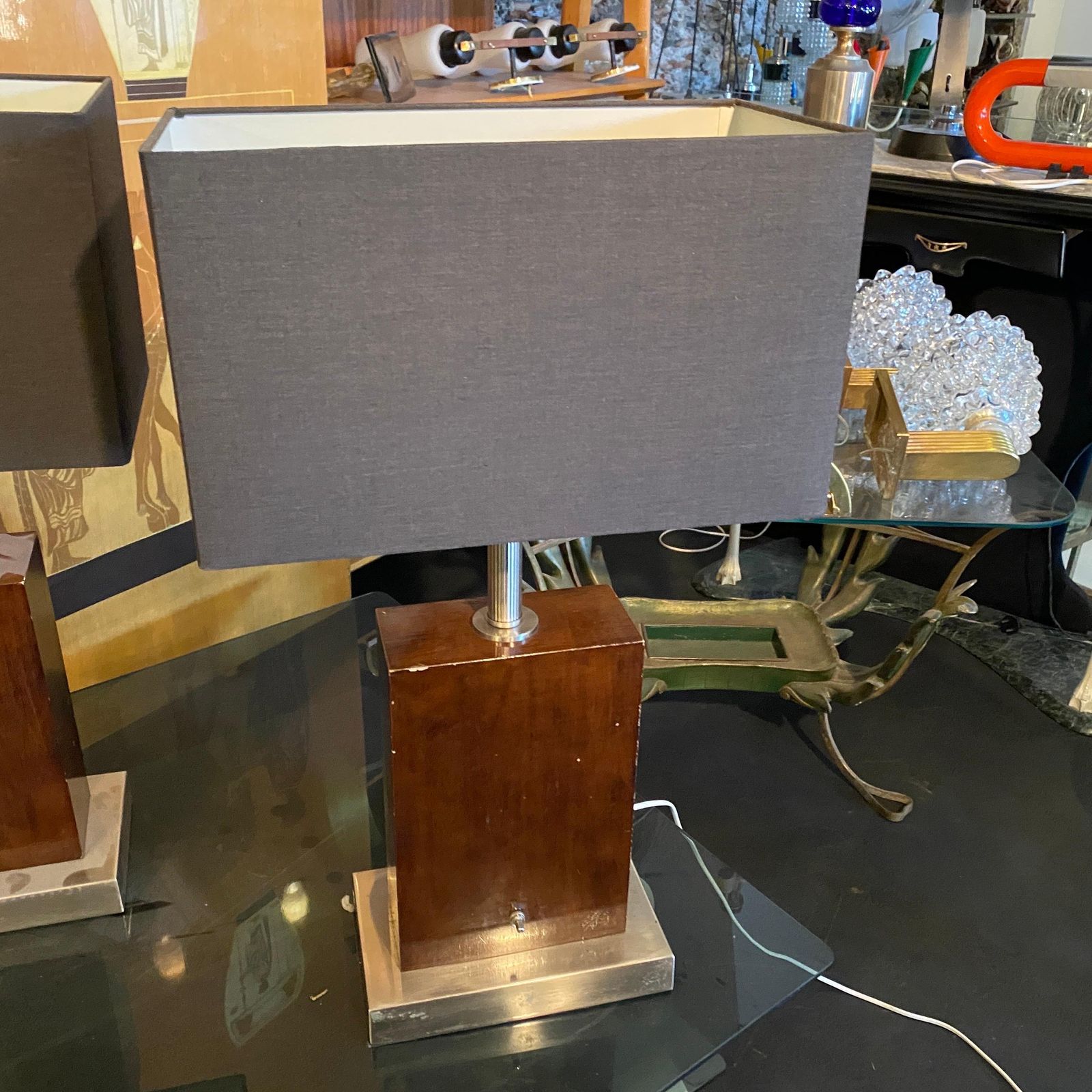 Set Of Two 1980s Modernist Wood And Metal Italian Table Lamps photo furniture
