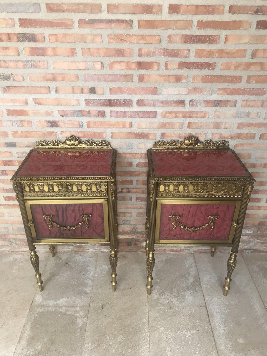Antique Louis XVI Bronze & Glass Nightstands, Set Of 2 Bedside Tables photo for sale