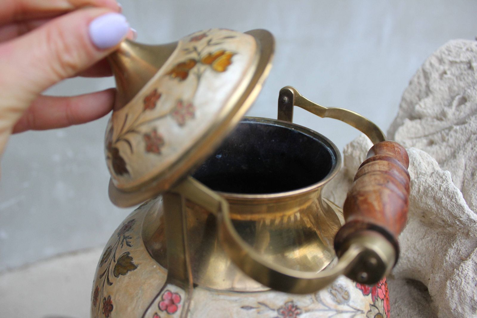 Unique Enamel Brass Teapot, Vintage Kettle With Beautiful Ornate Flowers Classic Shape Rustic Kitchen Decoration photo Home Decor