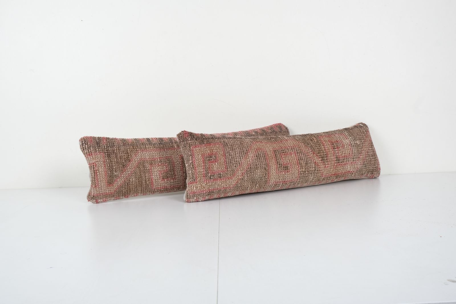 Muted Carpet  Pillow, Set Of Two Faded Ethnic Turkish Yastik Pillow, Pair Oushak Pillow Cover 8'' X 20'' photo for sale