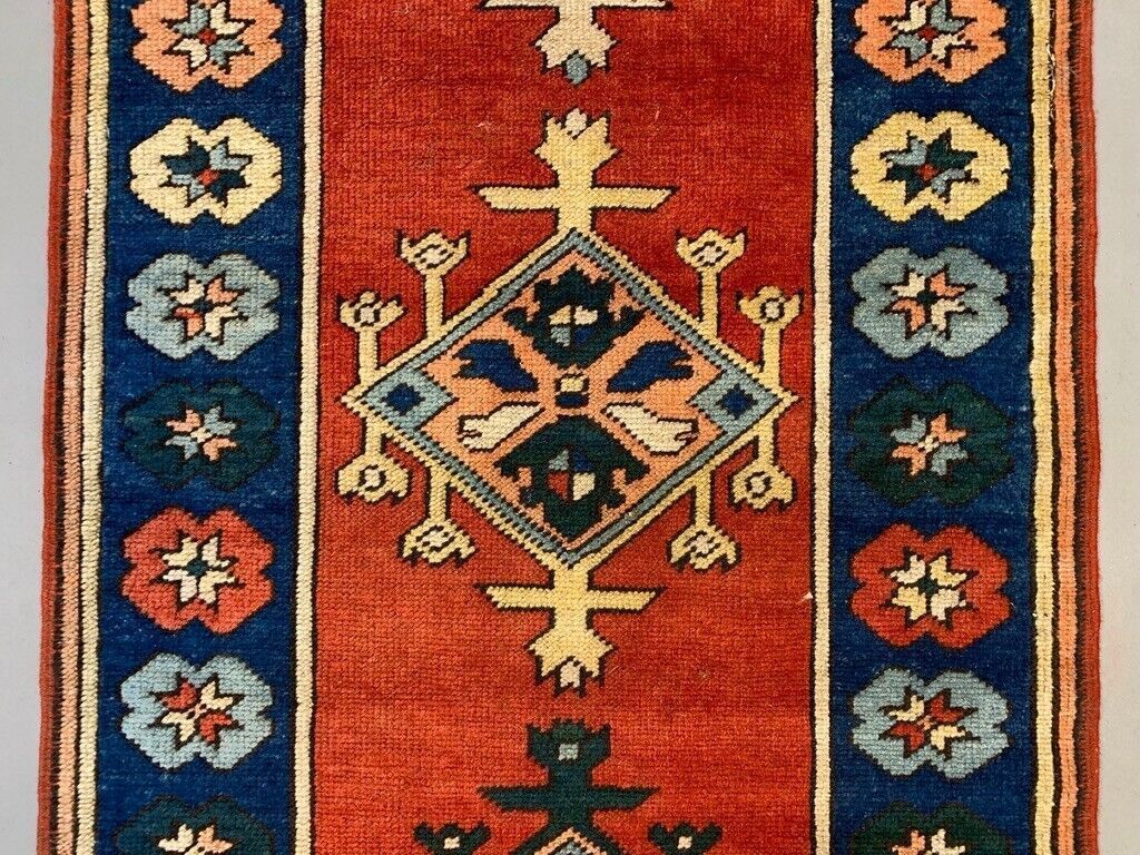 Vintage Turkish Runner 300x83 Cm Kazak Rug, Terracotta Red, Green, Beige Blue photo Textiles