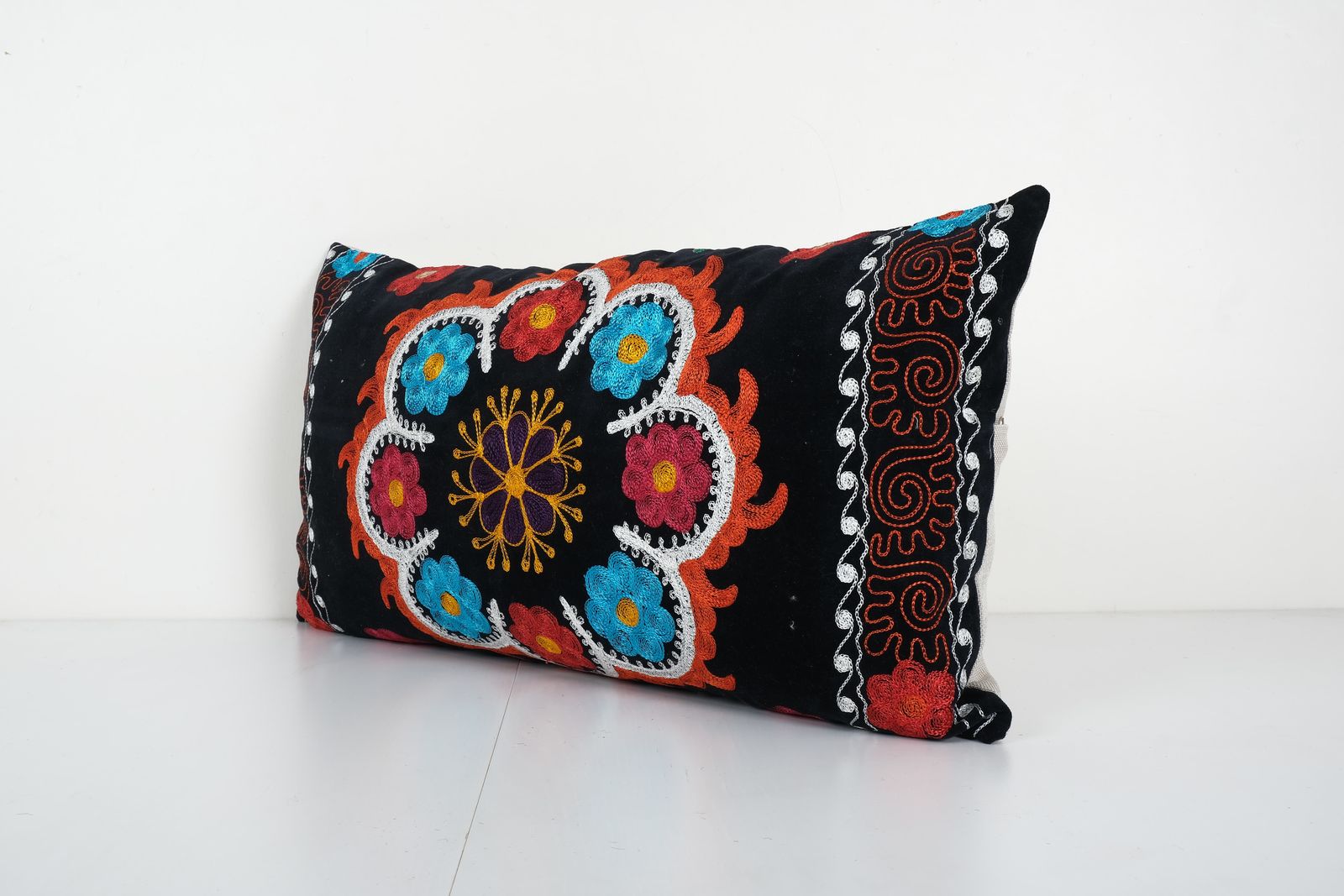 Vintage Colorful Velvet Suzani Lumbar Pillow Cover, 1960s Handmade Uzbek Suzani Textile Art 14'' X 26'' photo Textiles