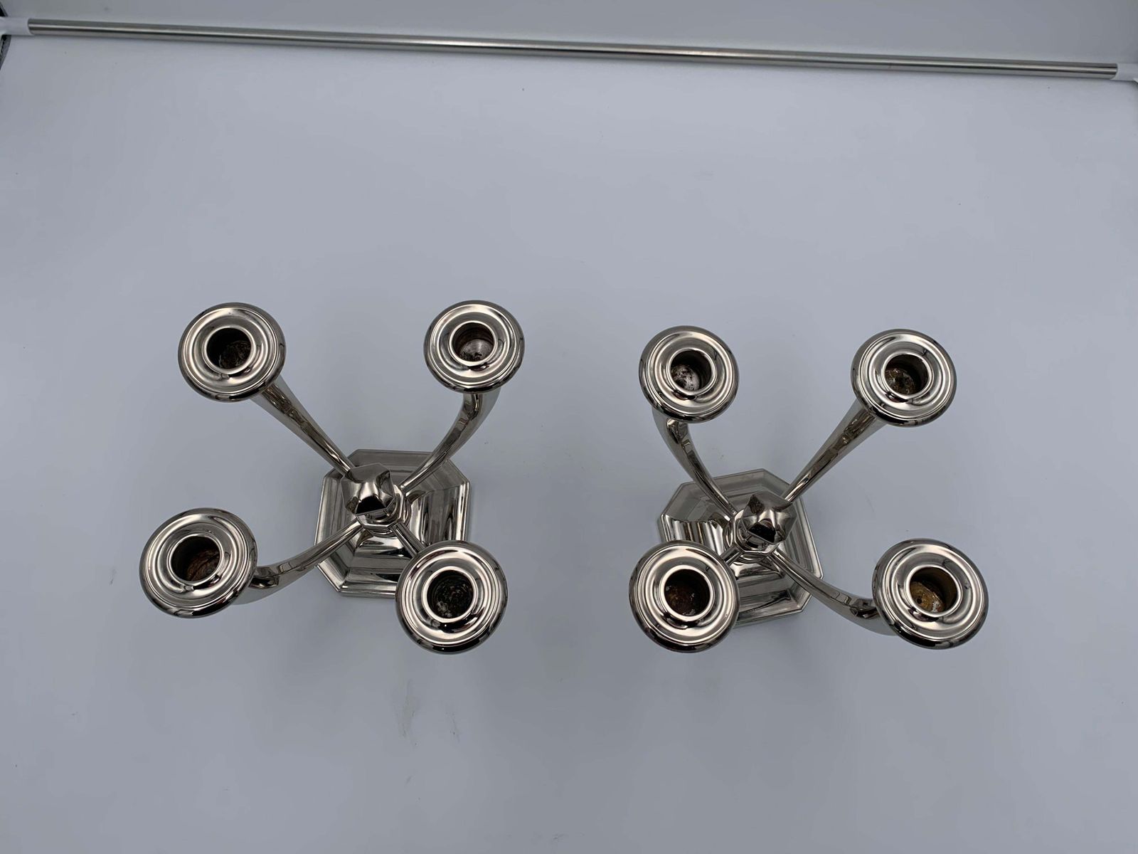 photo for sale Pair Of Art Deco Candlesticks By J. Leleu  Nickel Plate  Bronze  France  C. 1930