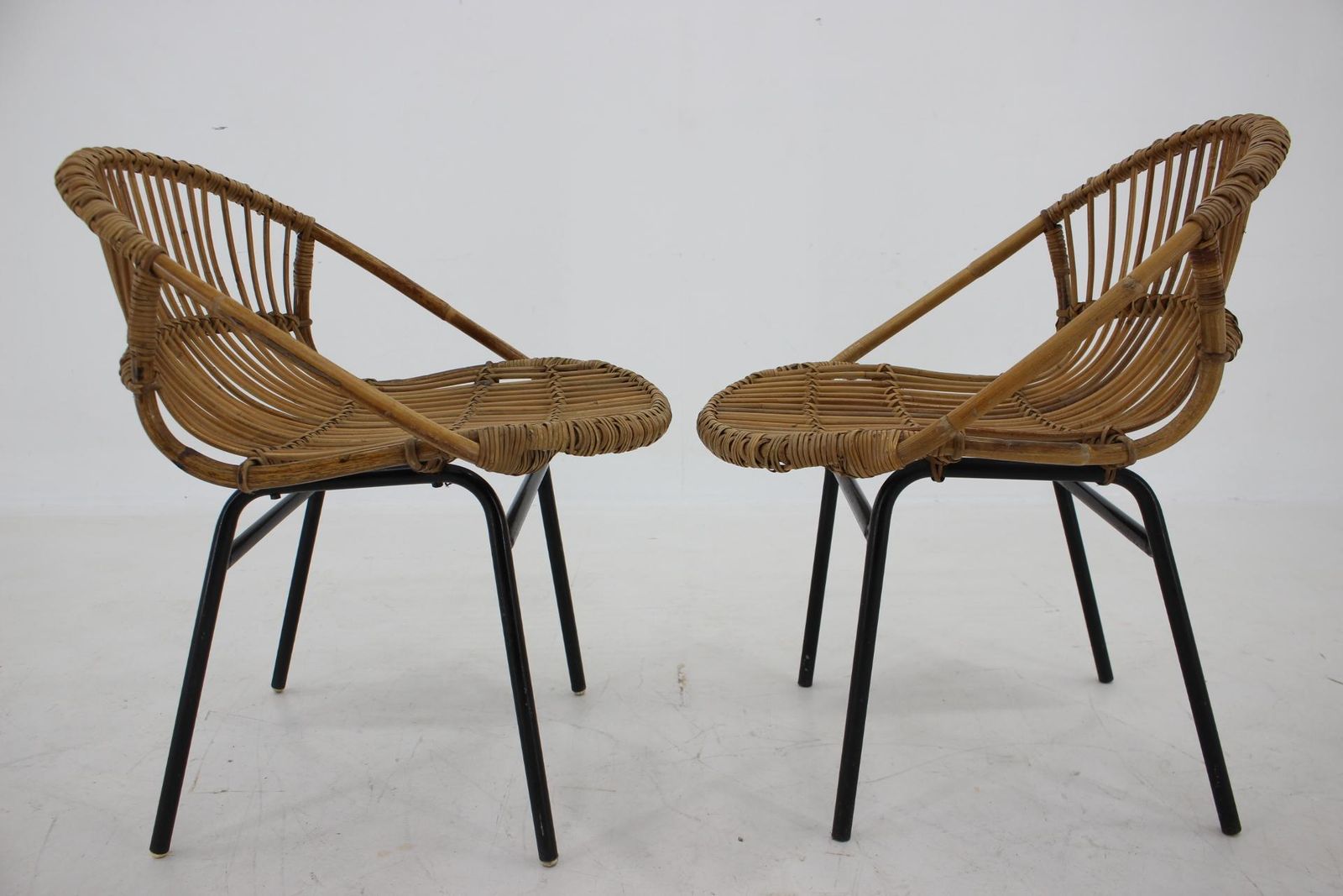 1970s Pair Of Alan Fuchs Rattan And Iron Lounge Chairs, Czechoslovakia photo for sale