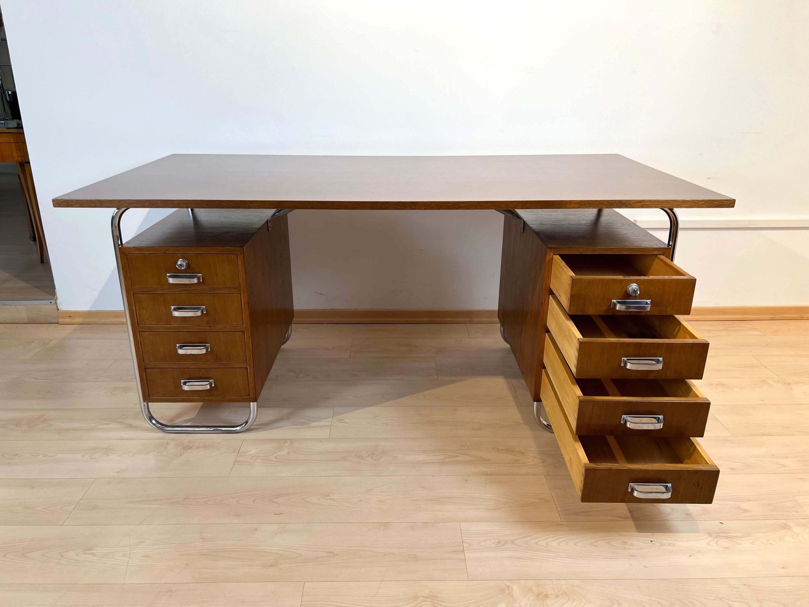 photo for sale Bauhaus Desk By Mücke Melder, Steeltubes And Oak Veneer, Czech, Circa 1940