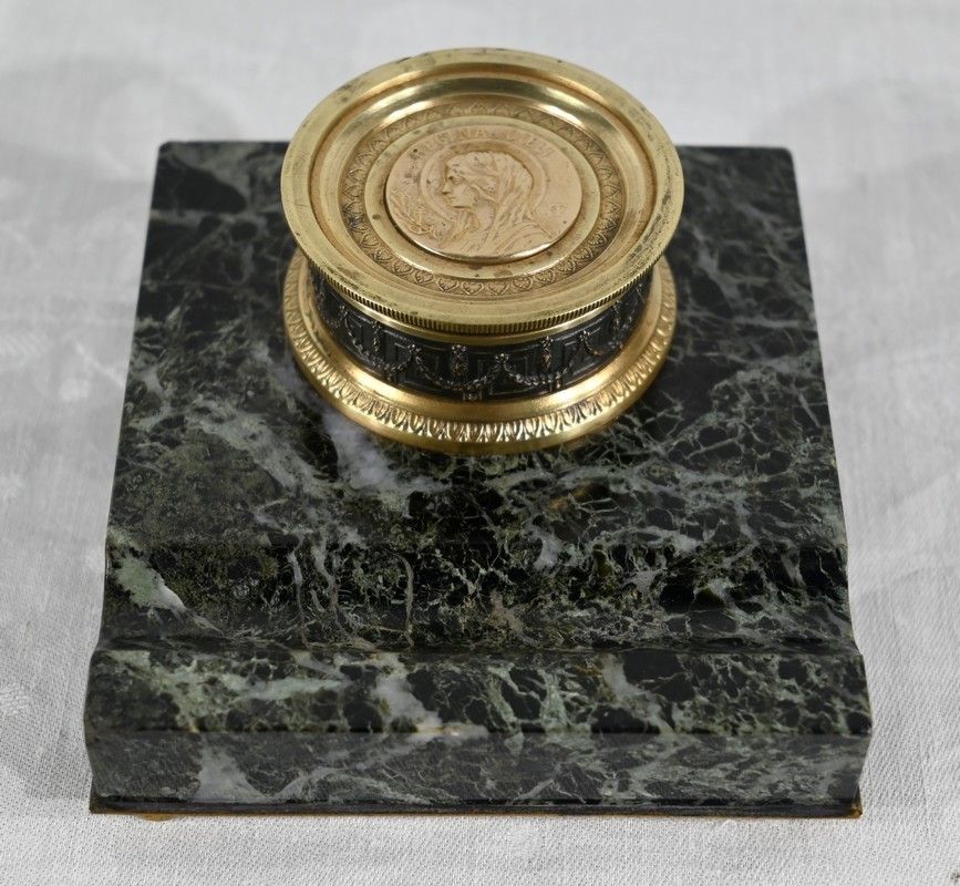 Inkwell With The Virgin In Bronze And Marble   Late 19th Century photo vintage