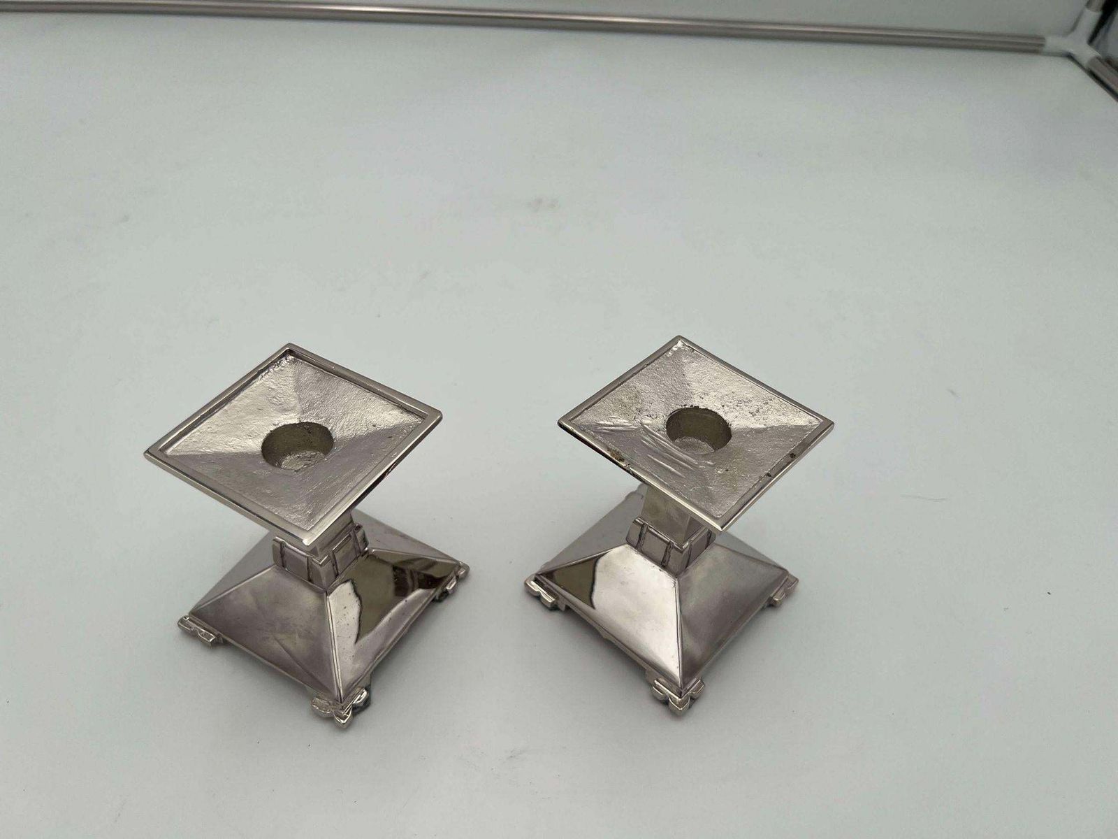 photo for sale Art Deco Bronze Candlesticks, Nickel Plated, France Circa 1930