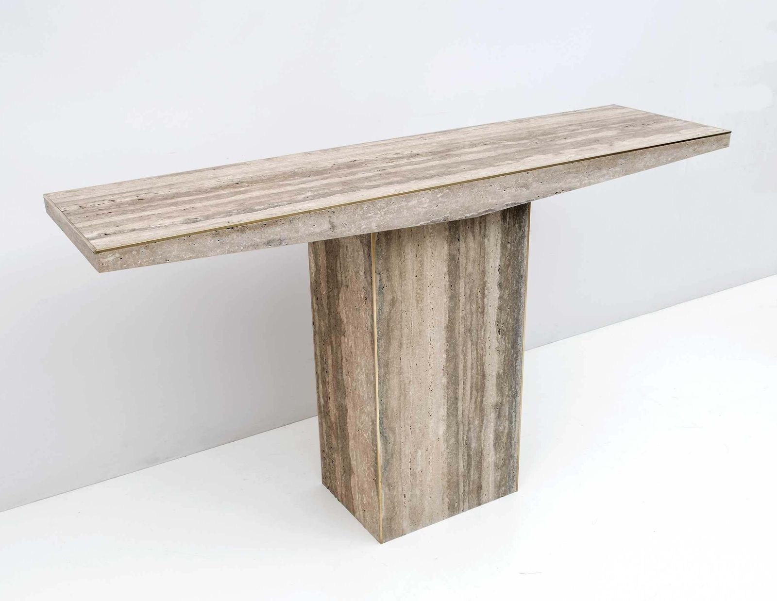 Pair Of Mid Century Italian Unfilled Travertine And Brass Inlay Console Tables photo Furniture