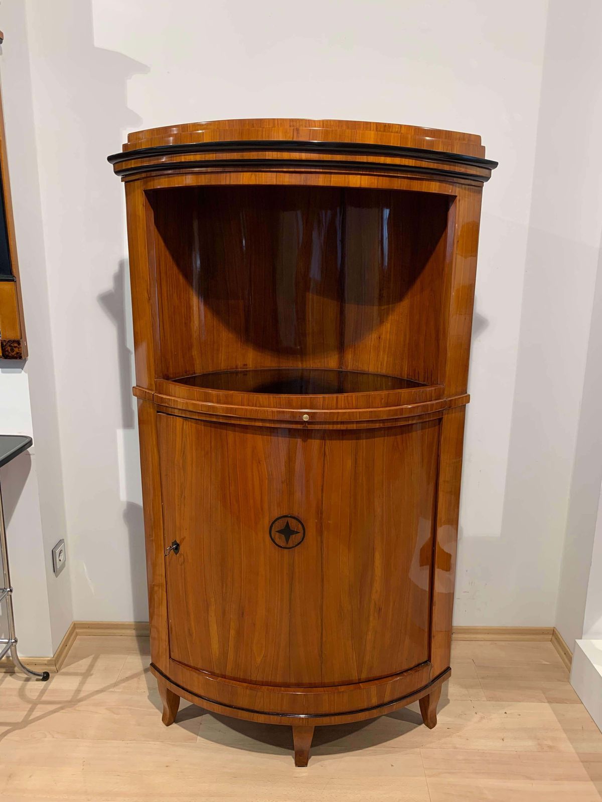 Biedermeier Corner Cabinet, Cherry Veneer, Ebony Inlay, South Germany Circa 1820 photo for sale