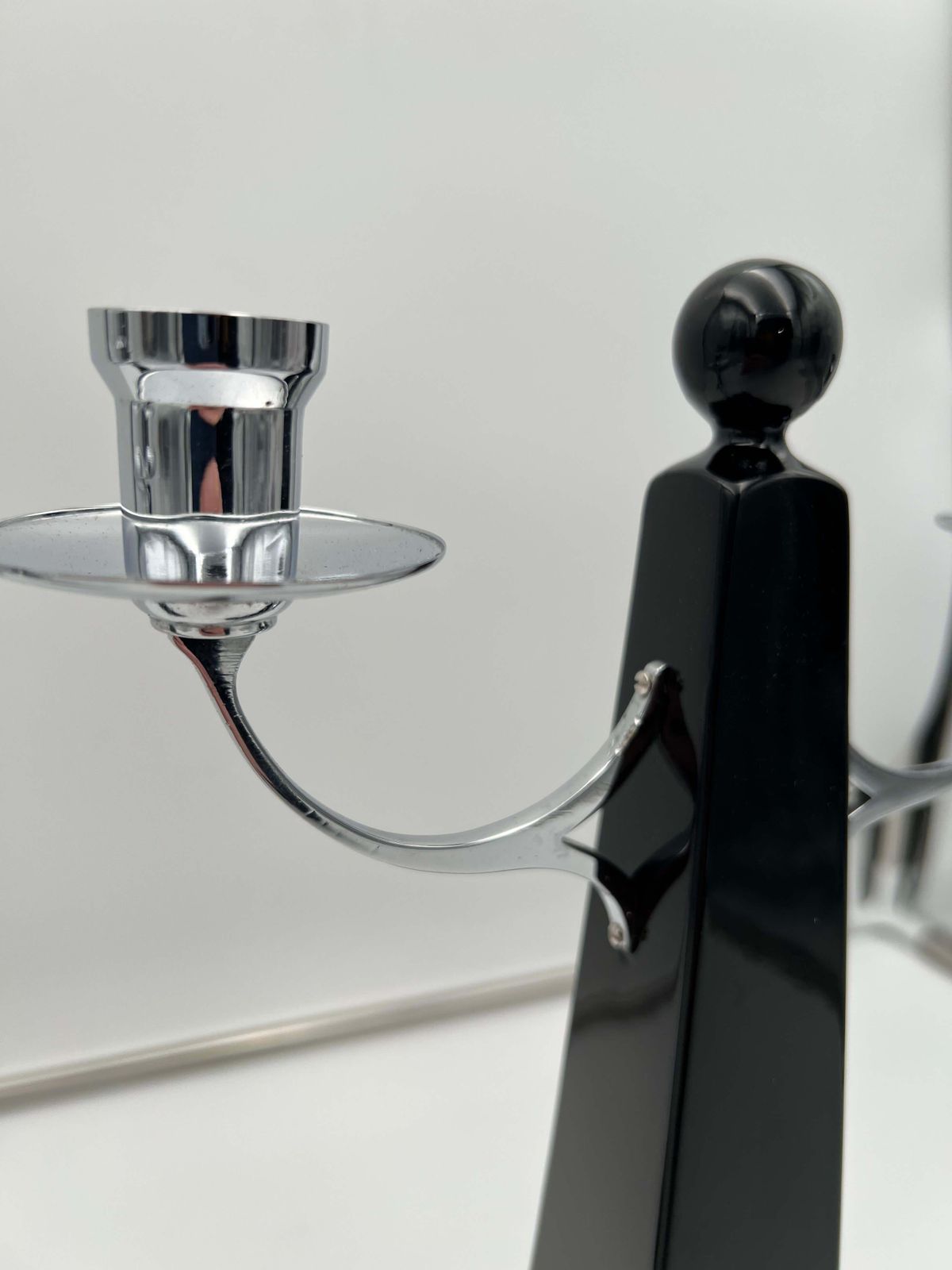Pair Of Art Deco Candlesticks, Black Lacquer, Oak, Nickel, Netherlands C. 1930 photo vintage