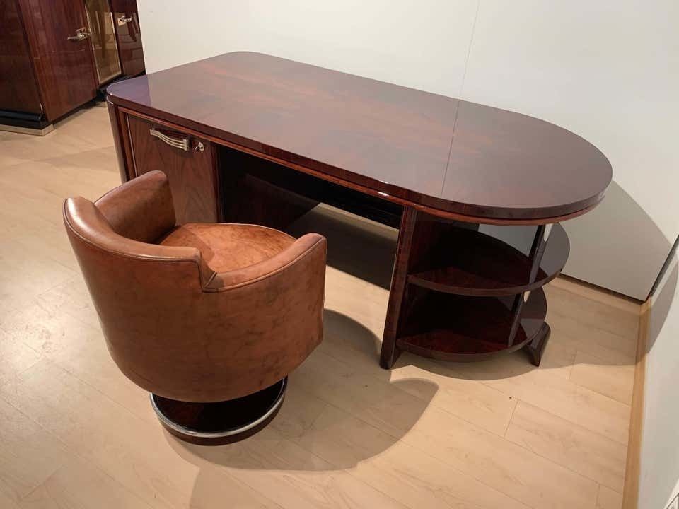Art Deco Executive Desk And Leather Swivel Chair, Rosewood Veneer, France, 1930s photo for sale